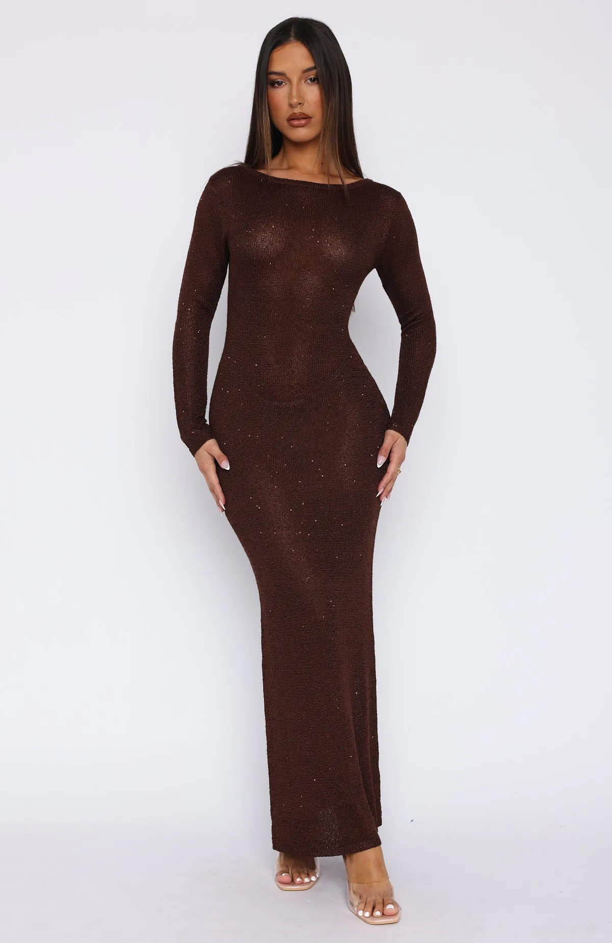 Divine Timing Long Sleeve Sequin Knit Maxi Dress Chocolate sold by White Fox Boutique product image thumbnail 2