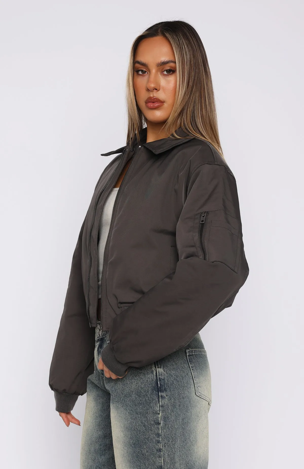 Something Forgotten Bomber Jacket Slate sold by White Fox Boutique product image thumbnail 4