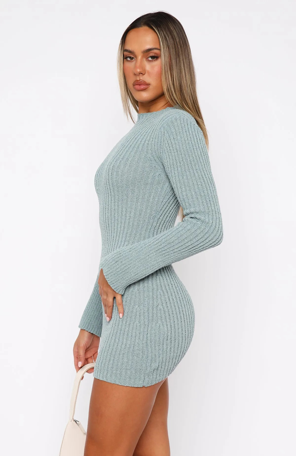 Get On Down Long Sleeve Knit Mini Dress Steel Blue sold by White Fox Boutique product image thumbnail 3
