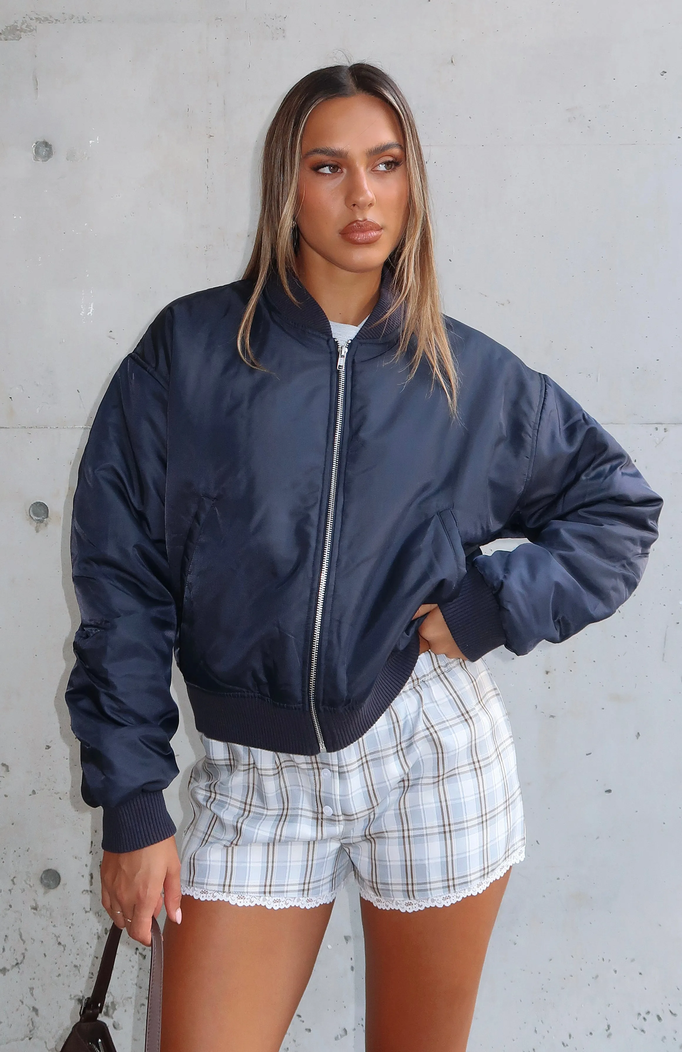 Walk On Out Bomber Jacket Navy sold by White Fox Boutique