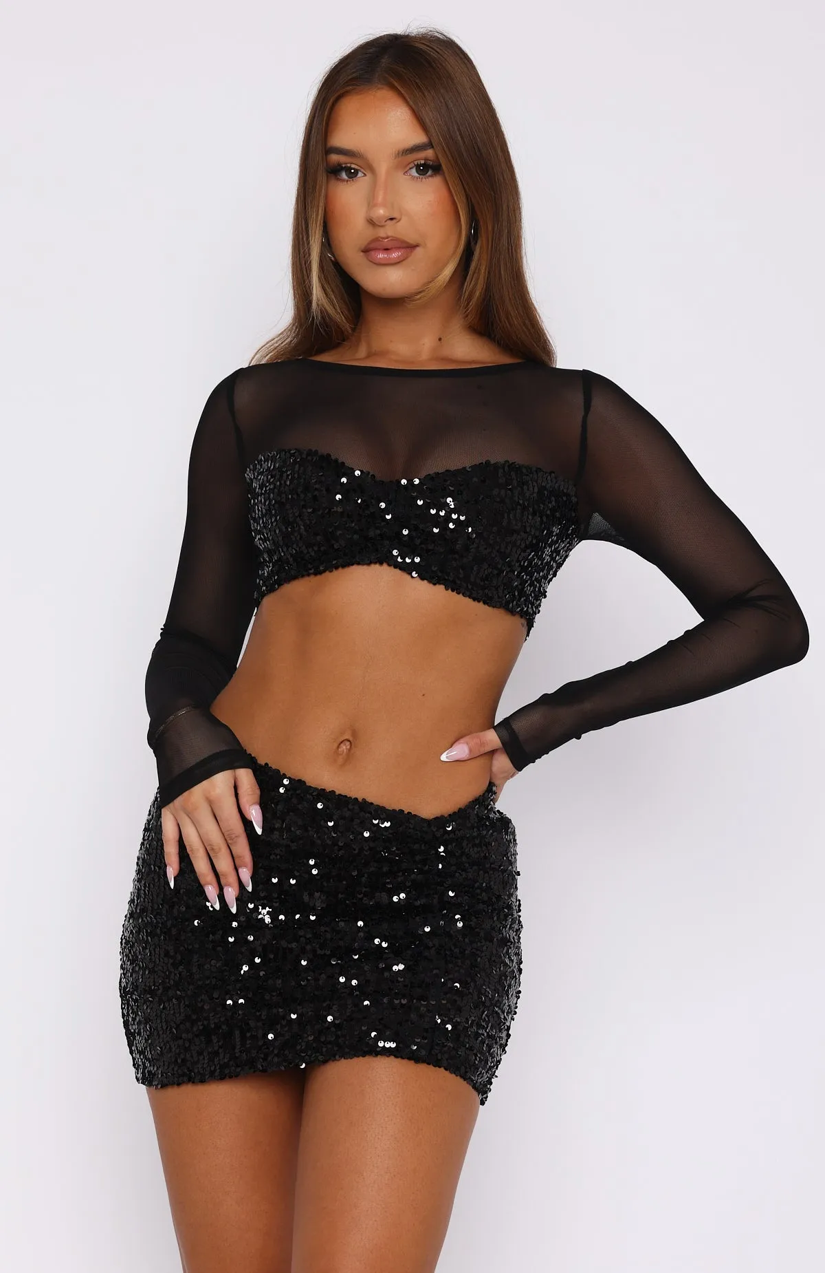 Party Don't Stop Sequin Mini Skirt Black sold by White Fox Boutique product image thumbnail 2