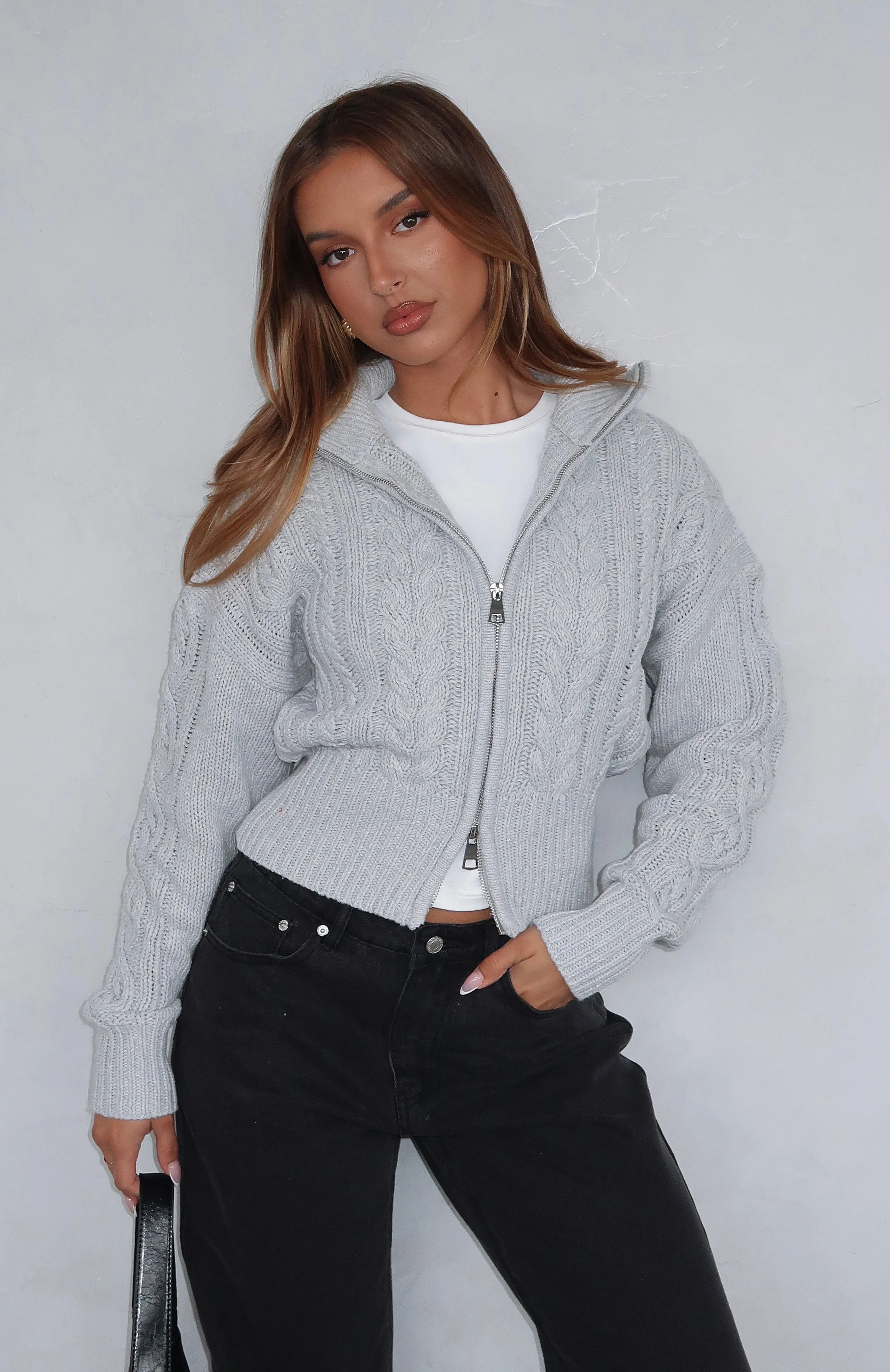 All At Once Zip Front Knit Sweater Grey Marle sold by White Fox Boutique
