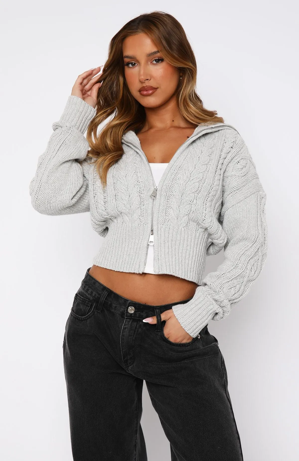 All At Once Zip Front Knit Sweater Grey Marle sold by White Fox Boutique product image thumbnail 2