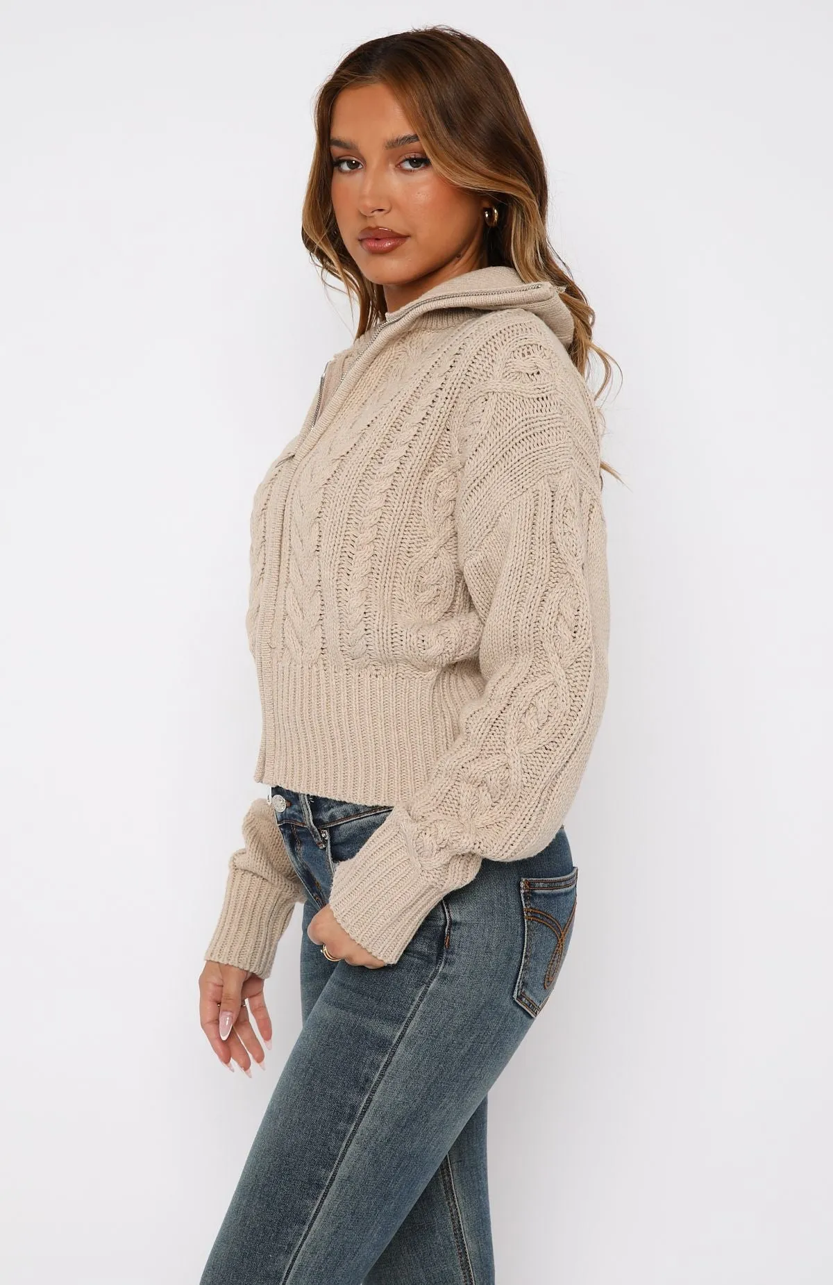All At Once Zip Front Knit Sweater Oat sold by White Fox Boutique product image thumbnail 3