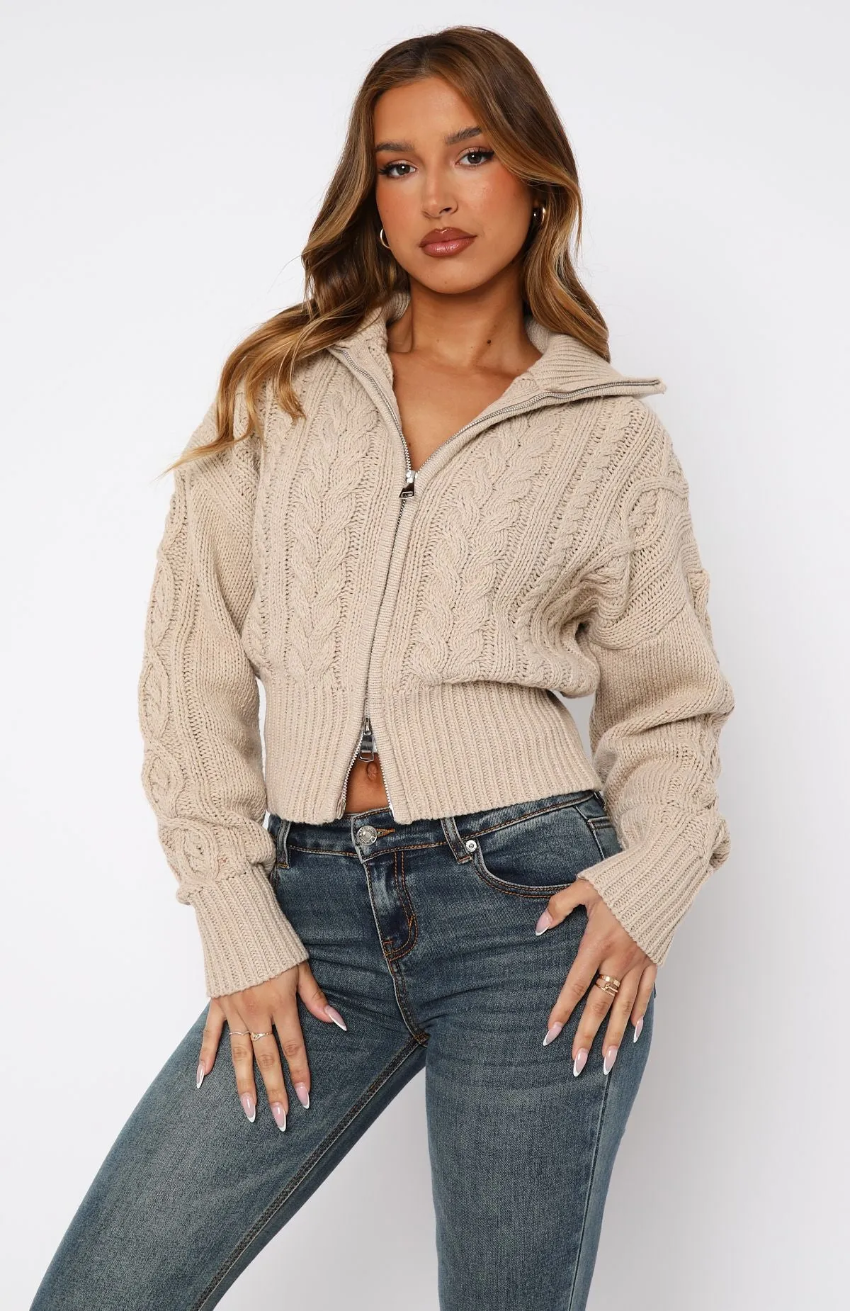 All At Once Zip Front Knit Sweater Oat sold by White Fox Boutique product image thumbnail 2
