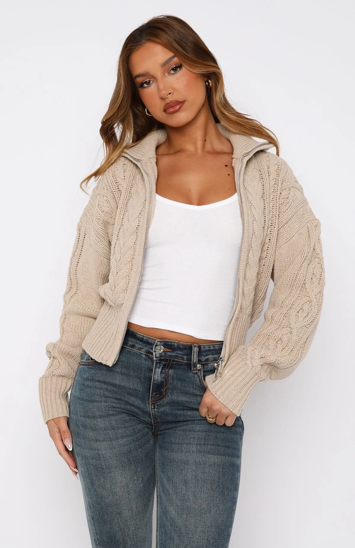 All At Once Zip Front Knit Sweater Oat sold by White Fox Boutique product image thumbnail 5