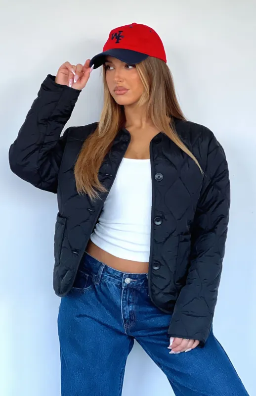 Lost At Night Quilted Jacket Black sold by White Fox Boutique