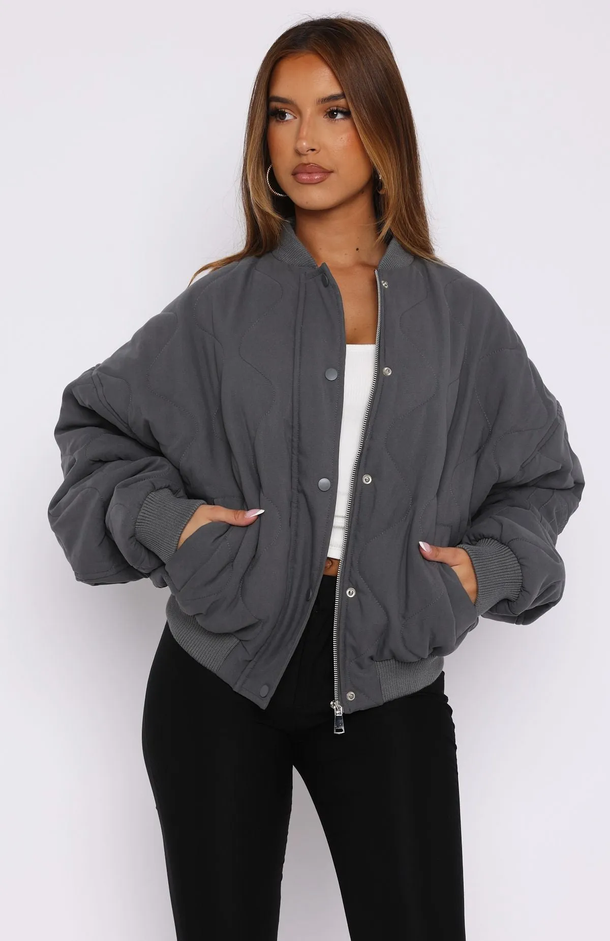 Soft Love Bomber Jacket Charcoal sold by White Fox Boutique product image thumbnail 5
