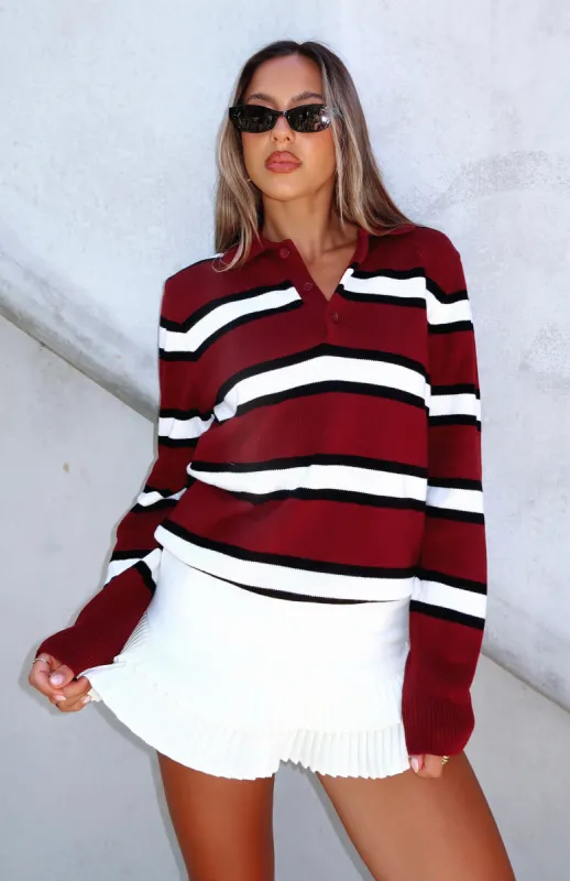 Standing Tall Knitted Polo Sweater Burgundy Stripe sold by White Fox Boutique