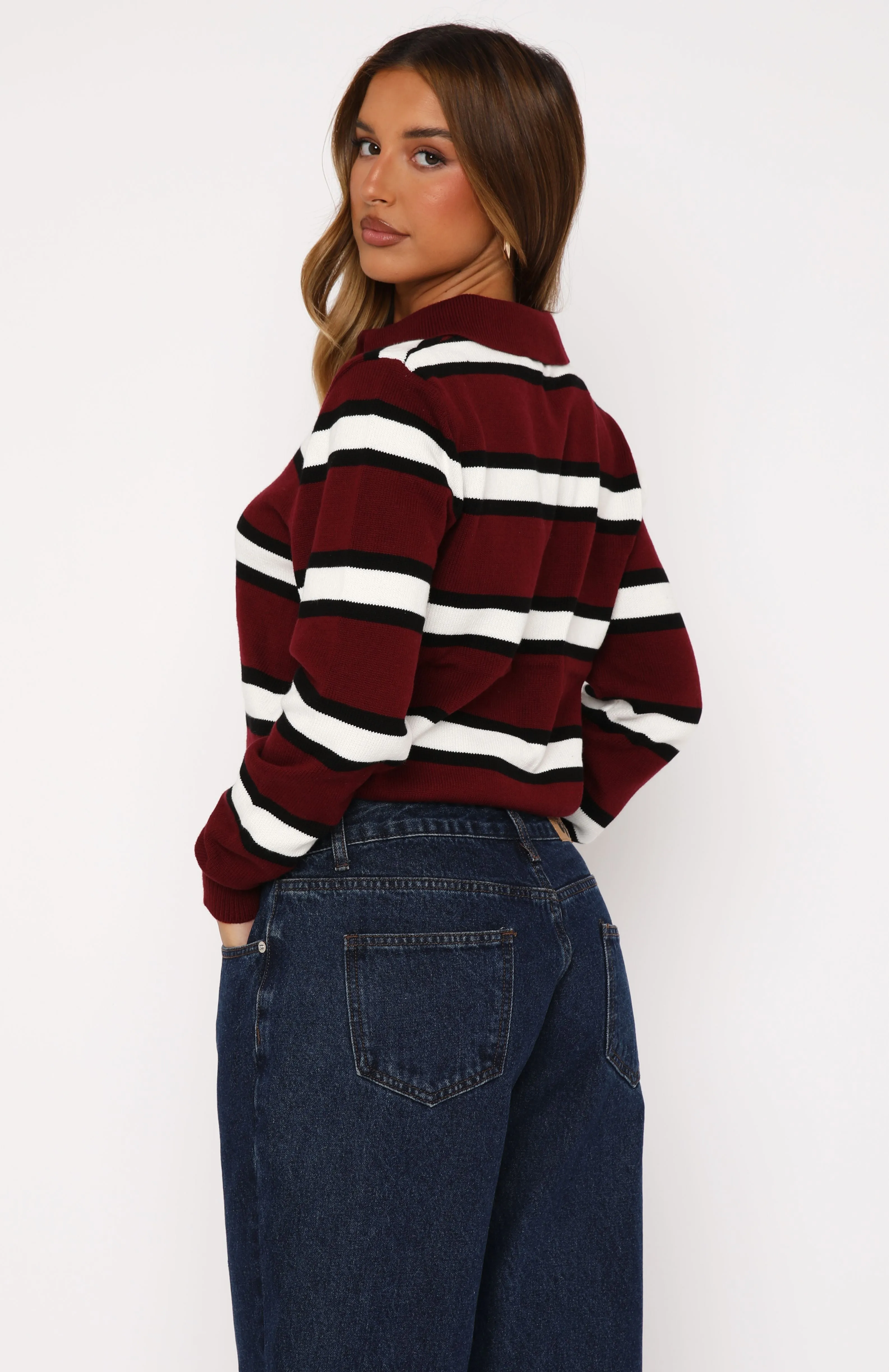 Standing Tall Knitted Polo Sweater Burgundy Stripe sold by White Fox Boutique product image thumbnail 4