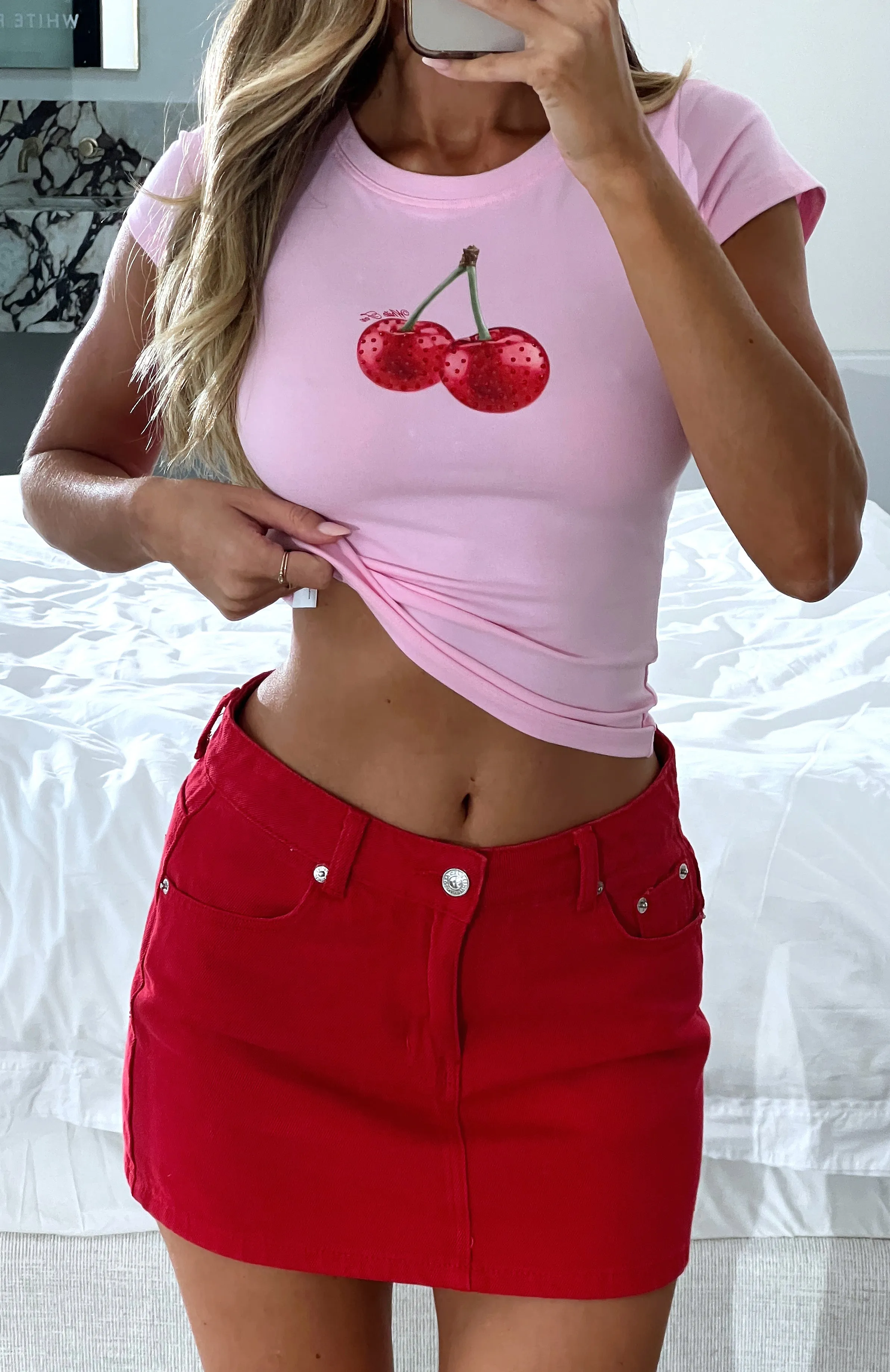 Press Reset Denim Mini Skirt Red sold by White Fox Boutique