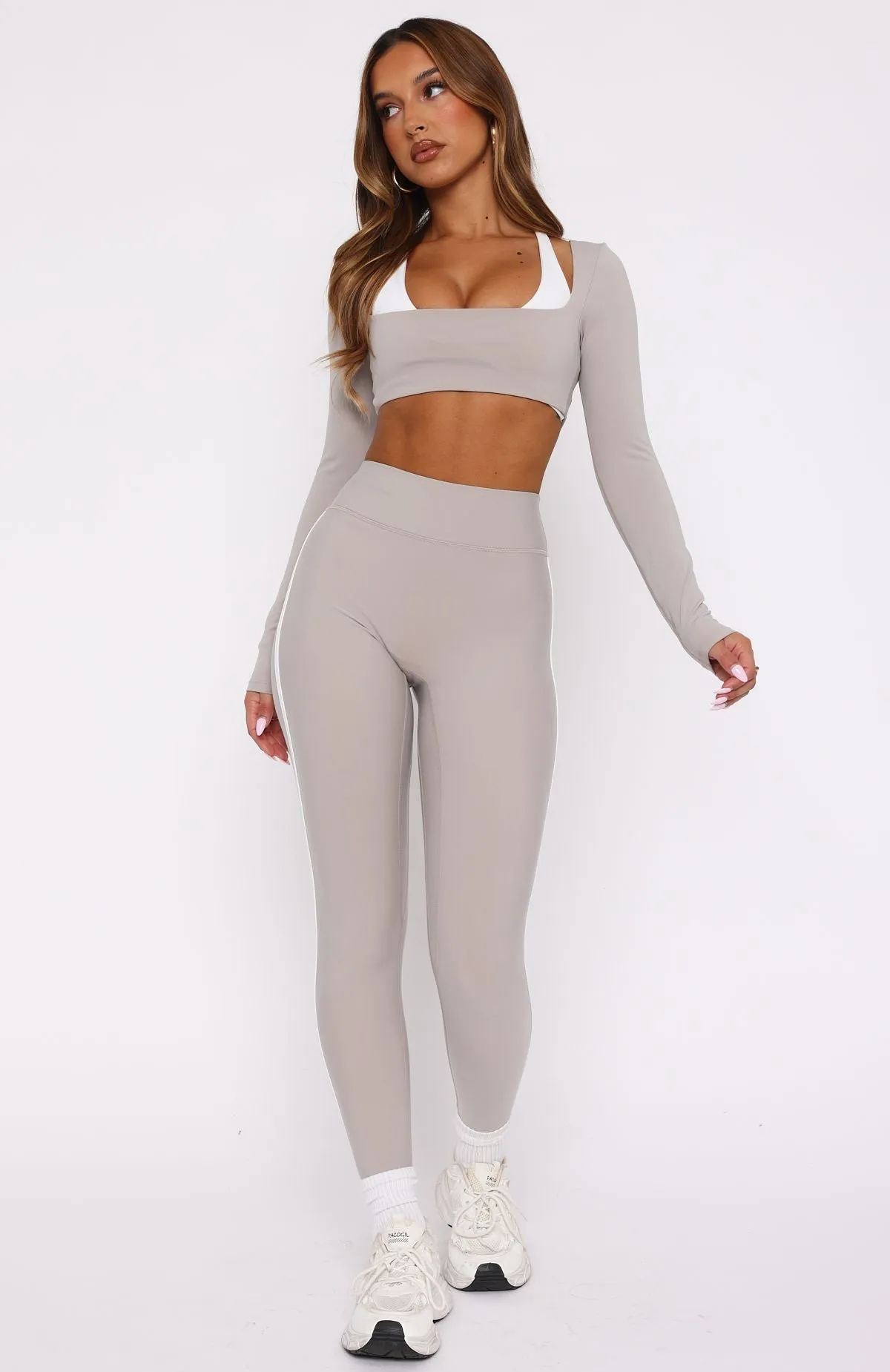 Core Workout High Waisted Leggings Pebble/White sold by White Fox Boutique product image thumbnail 2