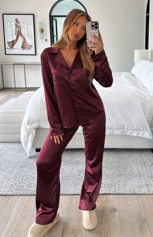 Pillow Talk Long Sleeve Satin Pyjama Set Merlot sold by White Fox Boutique