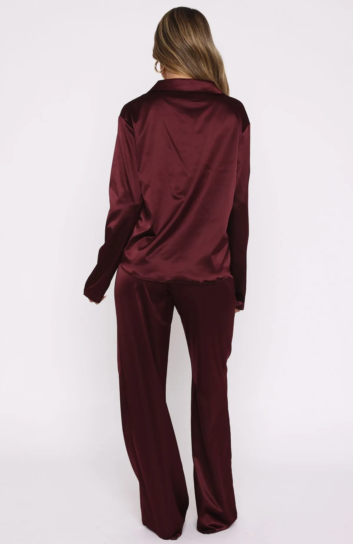 Pillow Talk Long Sleeve Satin Pyjama Set Merlot sold by White Fox Boutique product image thumbnail 4