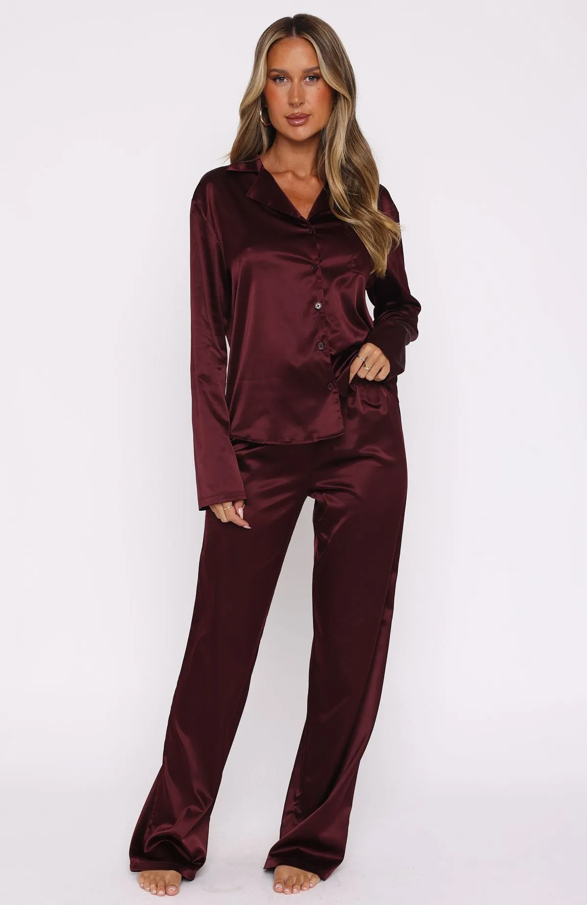 Pillow Talk Long Sleeve Satin Pyjama Set Merlot sold by White Fox Boutique product image thumbnail 2