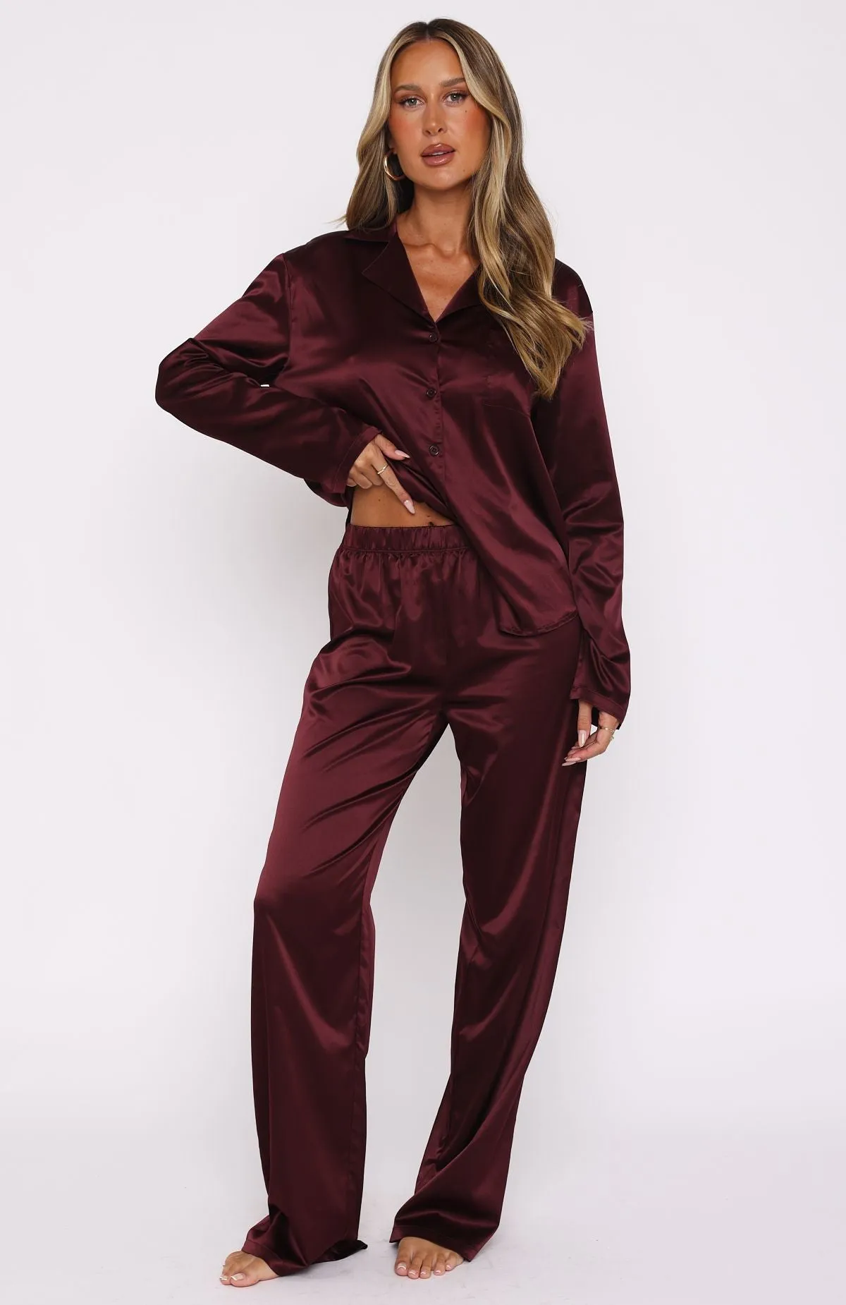 Pillow Talk Long Sleeve Satin Pyjama Set Merlot sold by White Fox Boutique product image thumbnail 5
