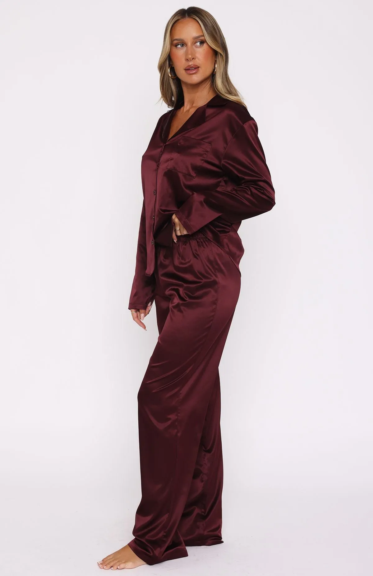 Pillow Talk Long Sleeve Satin Pyjama Set Merlot sold by White Fox Boutique product image thumbnail 3