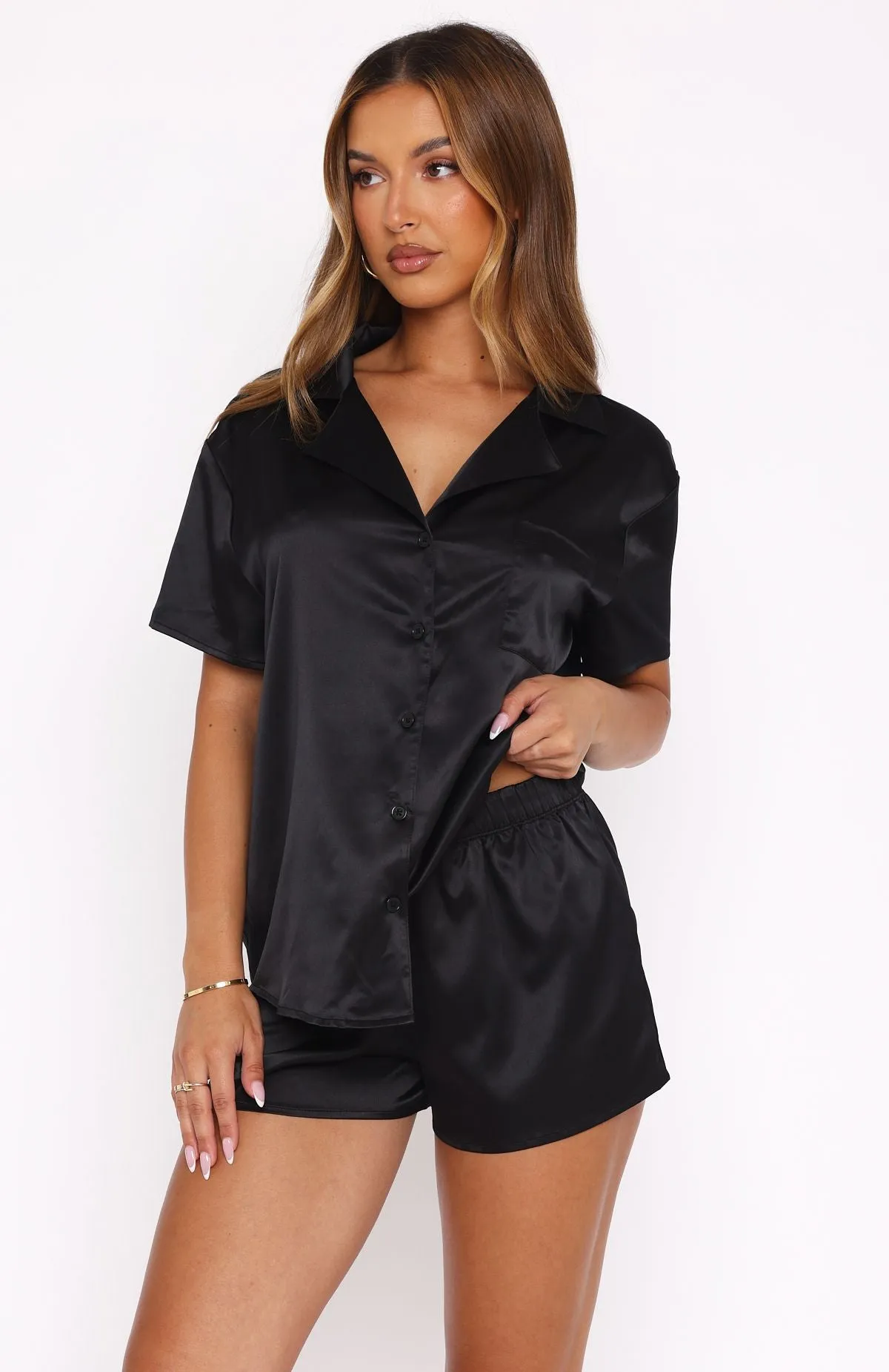 Dreamscape Satin Pyjama Set Black sold by White Fox Boutique product image thumbnail 5