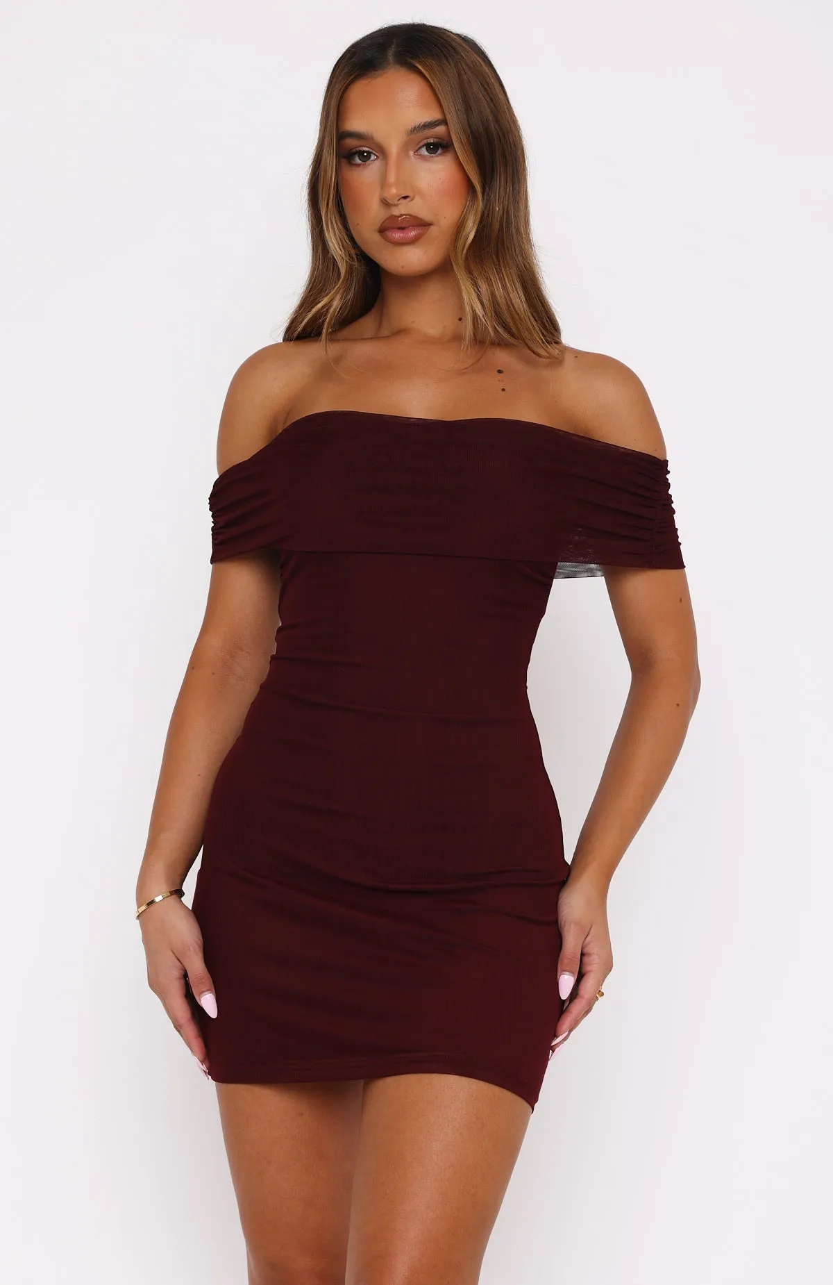 Got The Talent Off Shoulder Mini Dress Burgundy sold by White Fox Boutique product image thumbnail 2