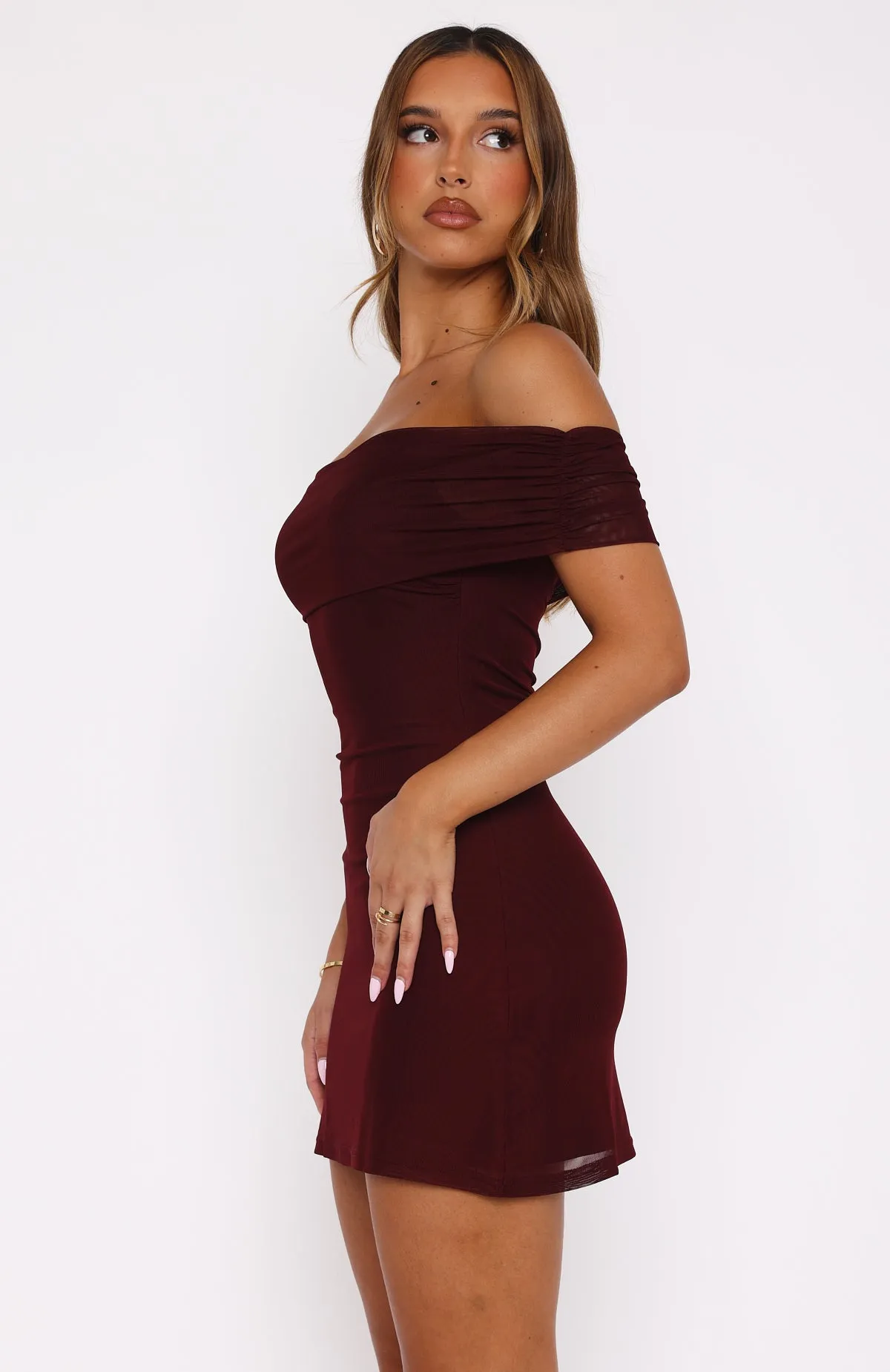 Got The Talent Off Shoulder Mini Dress Burgundy sold by White Fox Boutique product image thumbnail 3