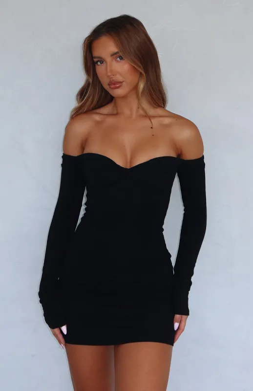 Running Out Of Time Off Shoulder Long Sleeve Mini Dress Black sold by White Fox Boutique