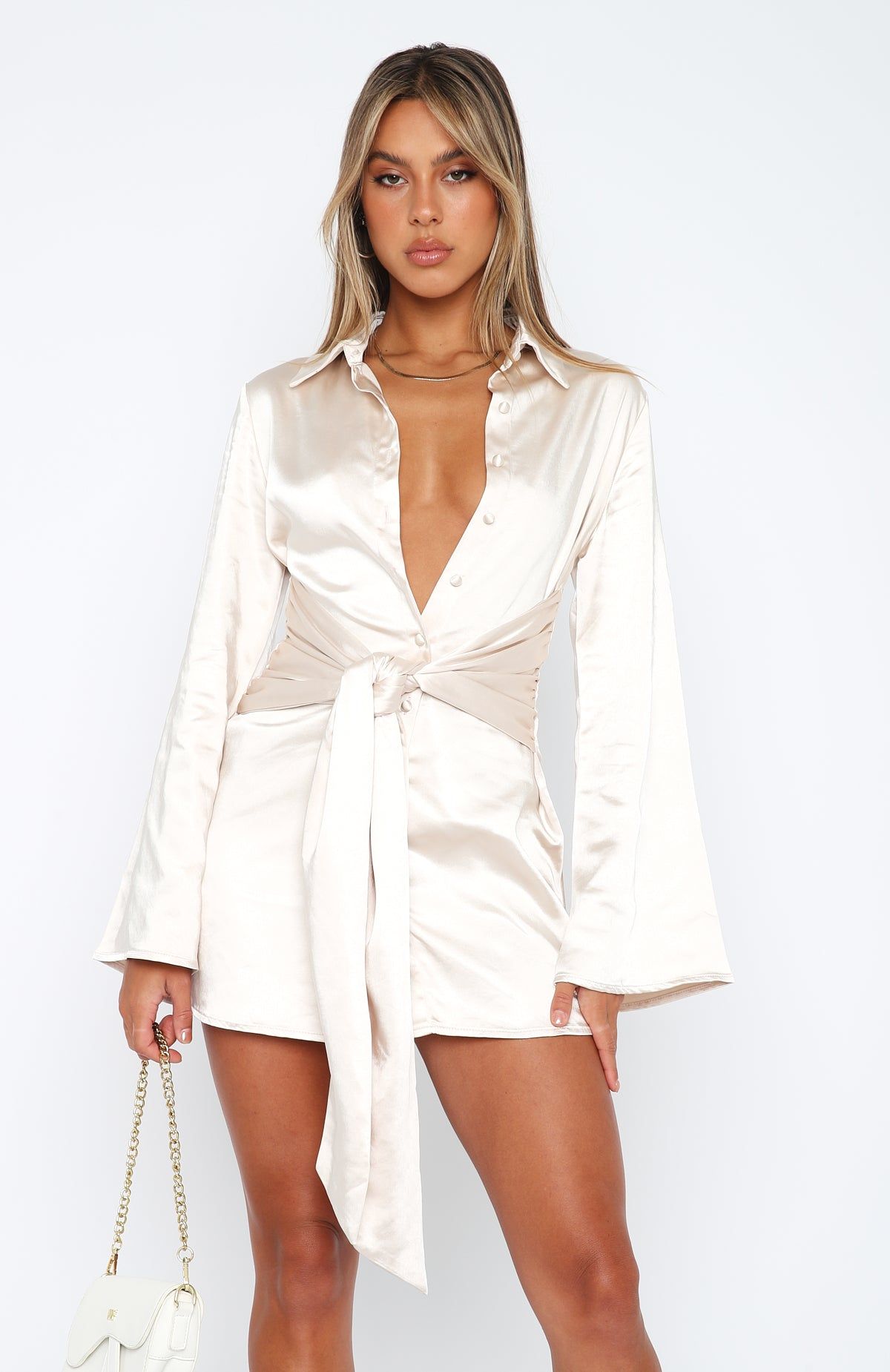 Night Out Long Sleeve Mini Dress Champagne sold by White Fox Boutique product image thumbnail 2