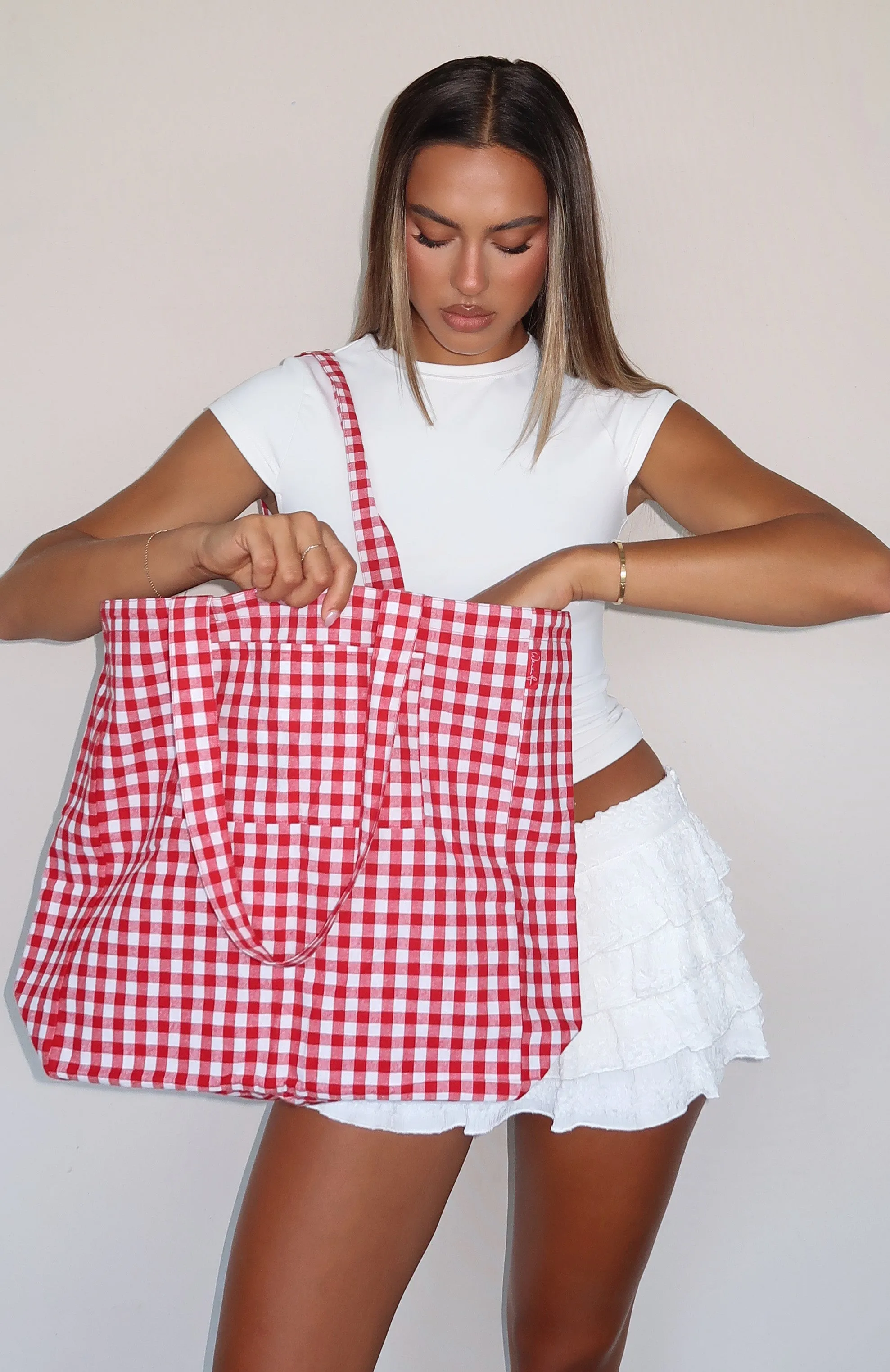 Give Me Your Love Tote Bag Red Gingham sold by White Fox Boutique product image thumbnail 3