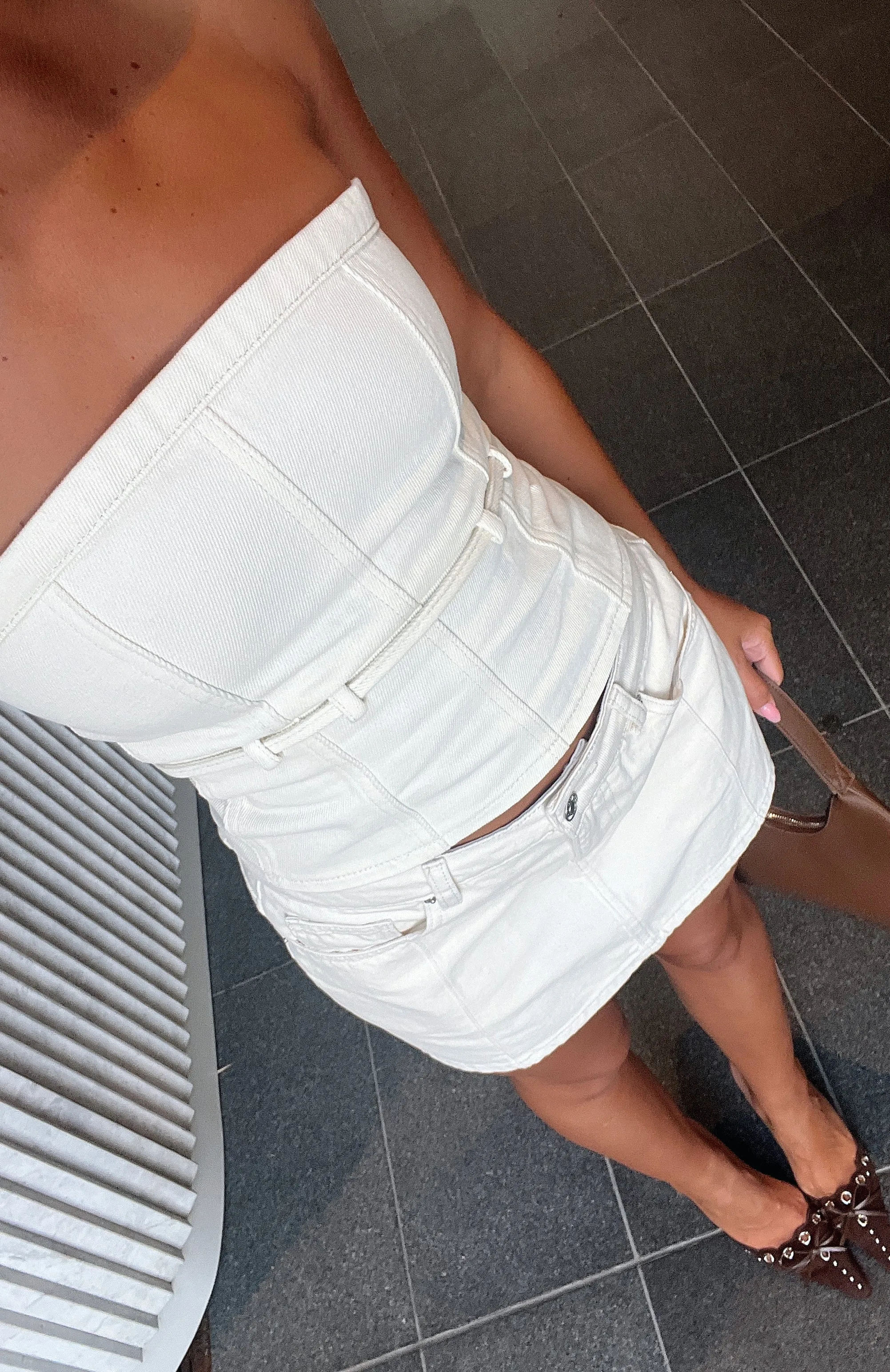 Leah Strapless Denim Top Cream sold by White Fox Boutique