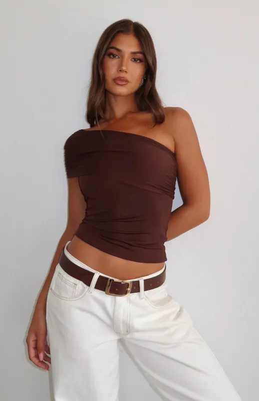 Don't Worry About It One Shoulder Top Chocolate sold by White Fox Boutique