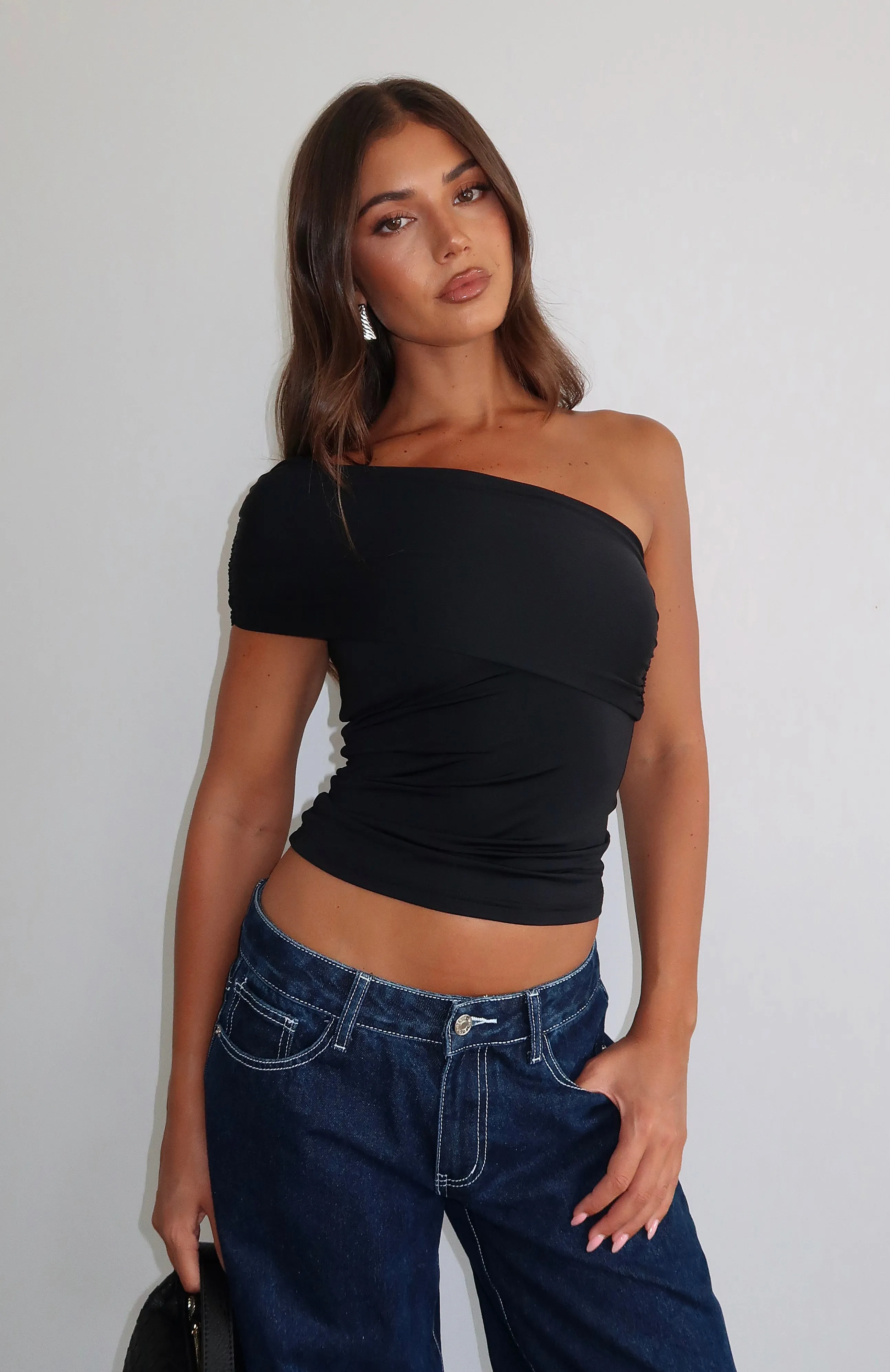 Don't Worry About It One Shoulder Top Black sold by White Fox Boutique