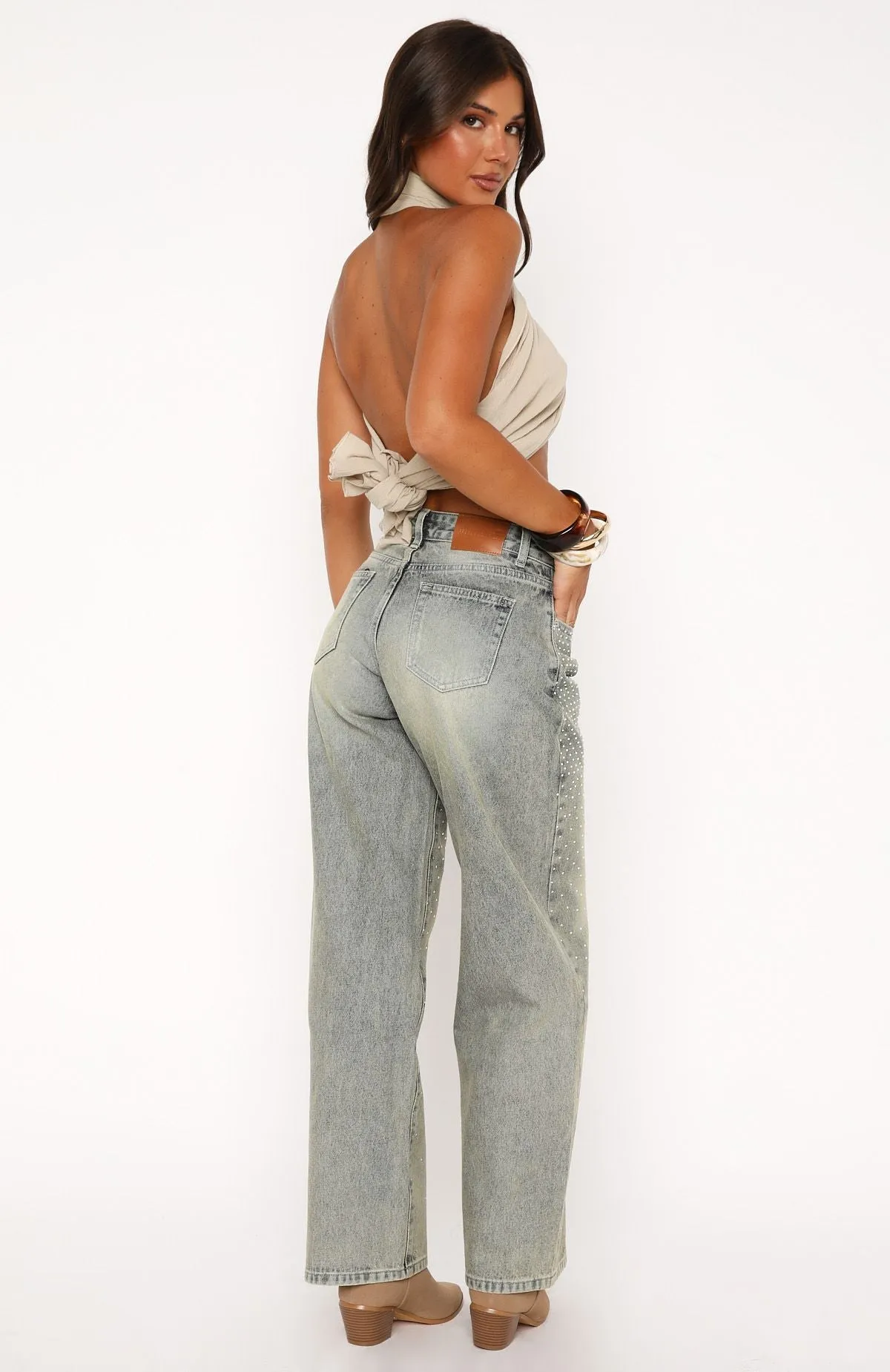 Luna Low Rise Wide Leg Jeans Sand sold by White Fox Boutique product image thumbnail 4