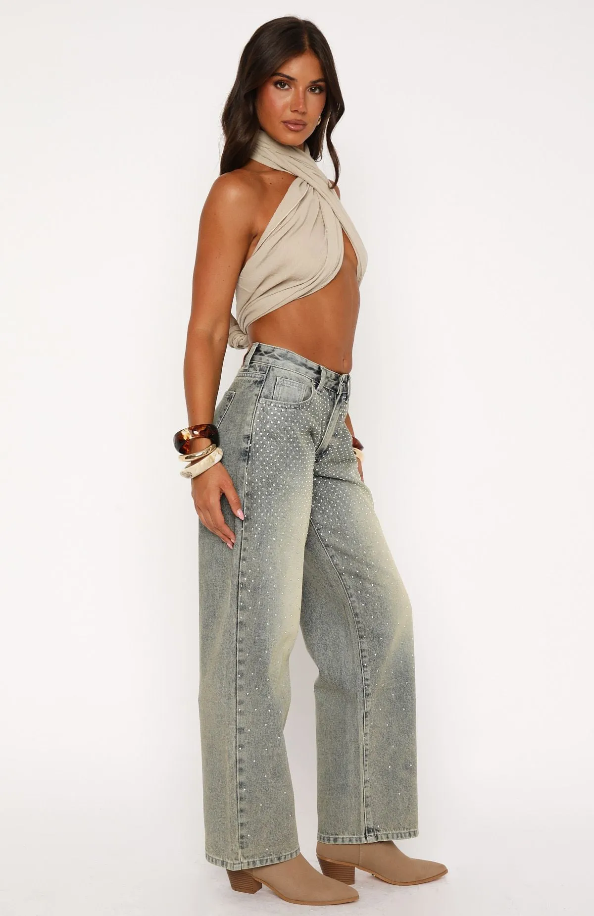 Luna Low Rise Wide Leg Jeans Sand sold by White Fox Boutique product image thumbnail 3