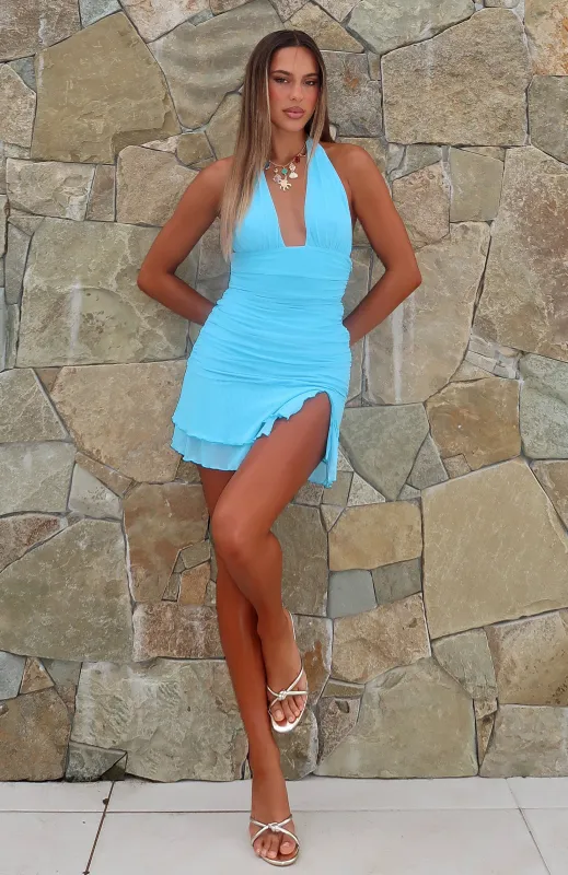 On Vacation Halter Mini Dress Aqua Blue made by White Fox Boutique