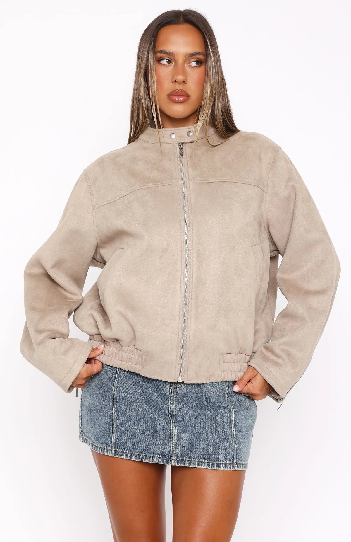Watchin' Out Faux Suede Bomber Jacket Sand sold by White Fox Boutique product image thumbnail 2