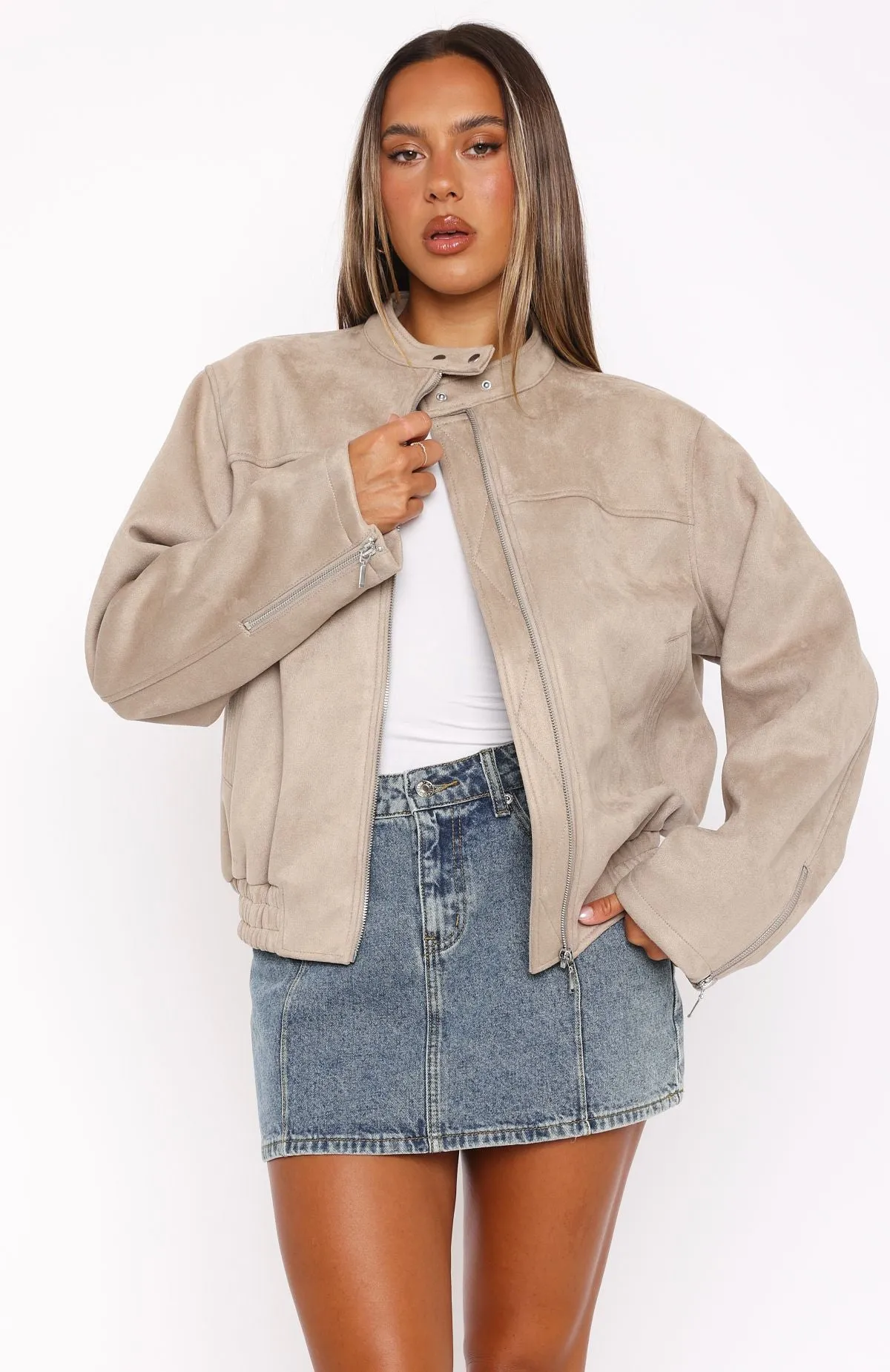 Watchin' Out Faux Suede Bomber Jacket Sand sold by White Fox Boutique product image thumbnail 5