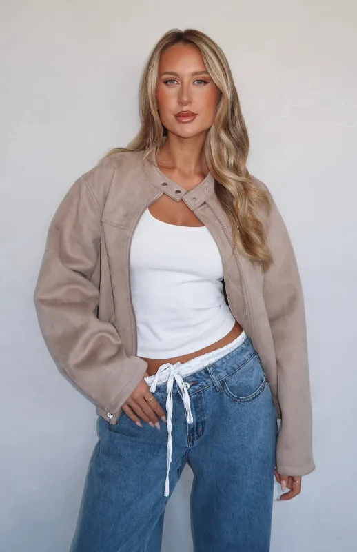 Watchin' Out Faux Suede Bomber Jacket Sand made by White Fox Boutique