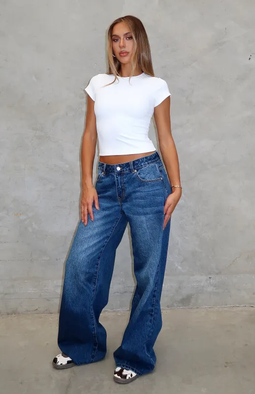 Maeve Low Rise Wide Leg Jeans Washed Dark Blue sold by White Fox Boutique