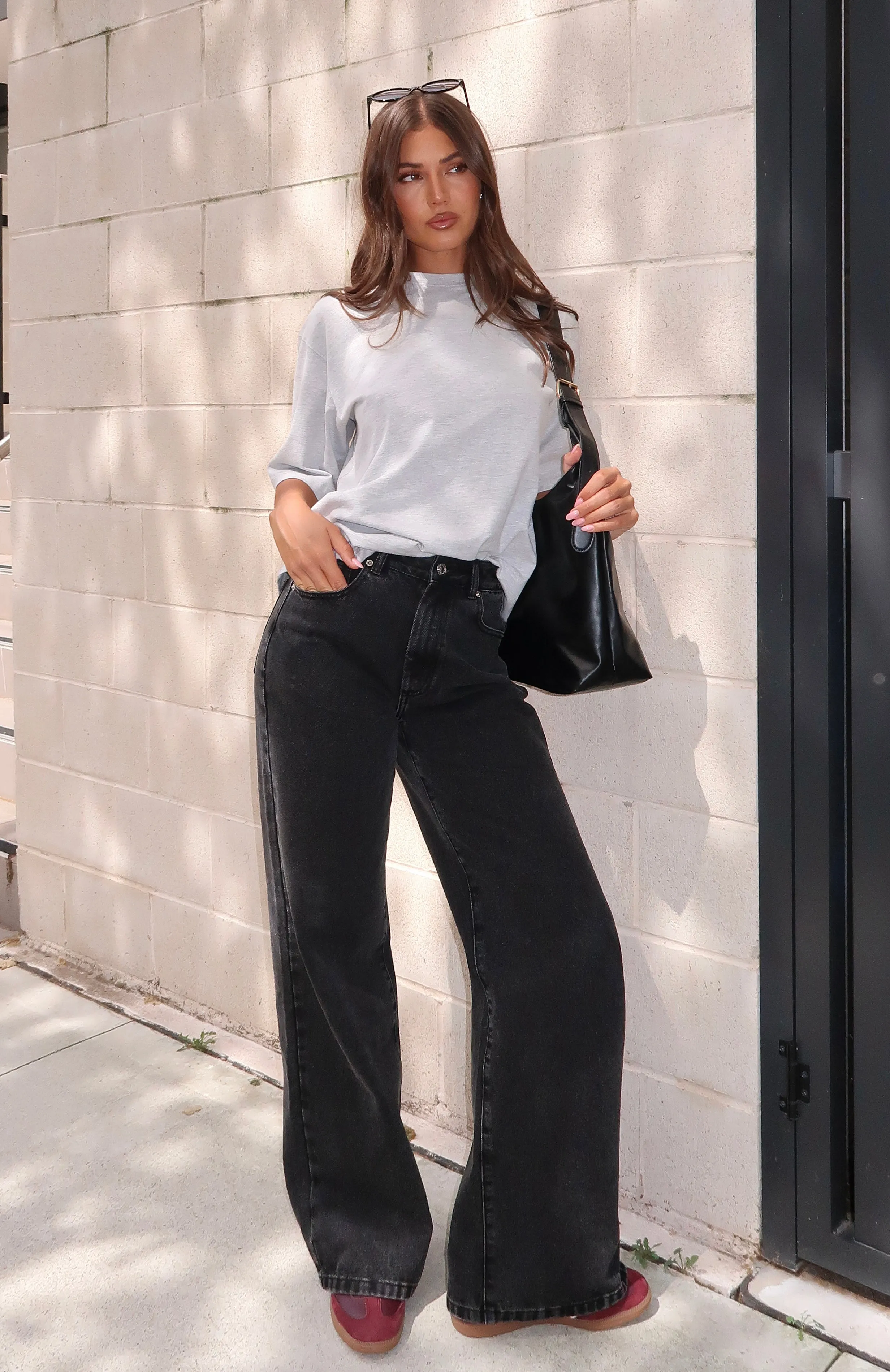 Lola High Rise Wide Leg Jeans Black Acid sold by White Fox Boutique