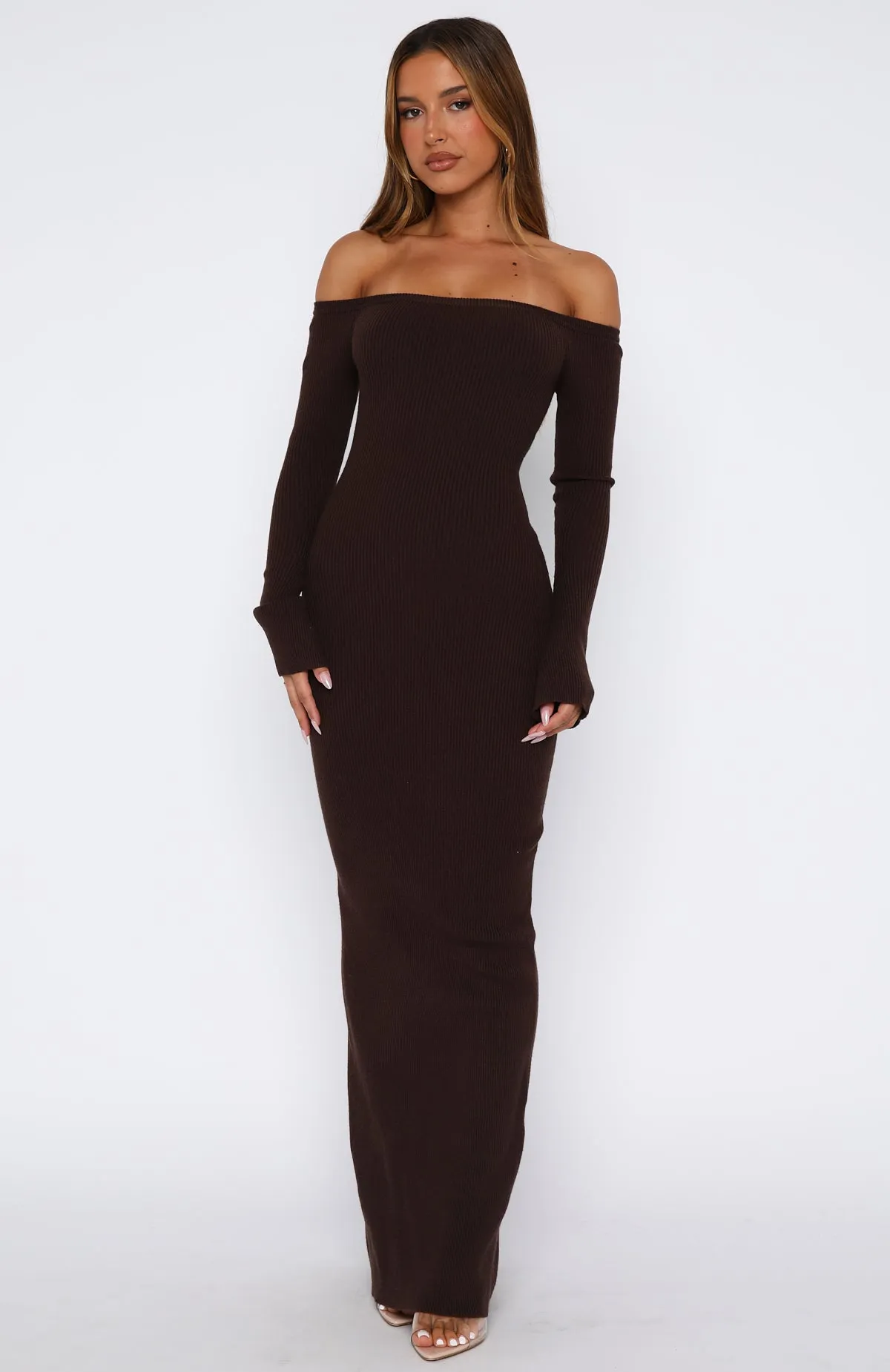 Star Studded Long Sleeve Knit Maxi Dress Chocolate sold by White Fox Boutique product image thumbnail 2