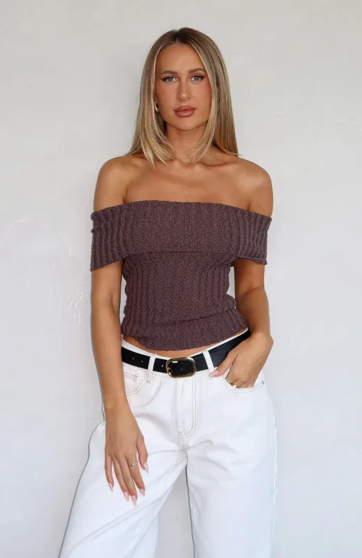 What I Want To Hear Off Shoulder Knit Top Cocoa made by White Fox Boutique