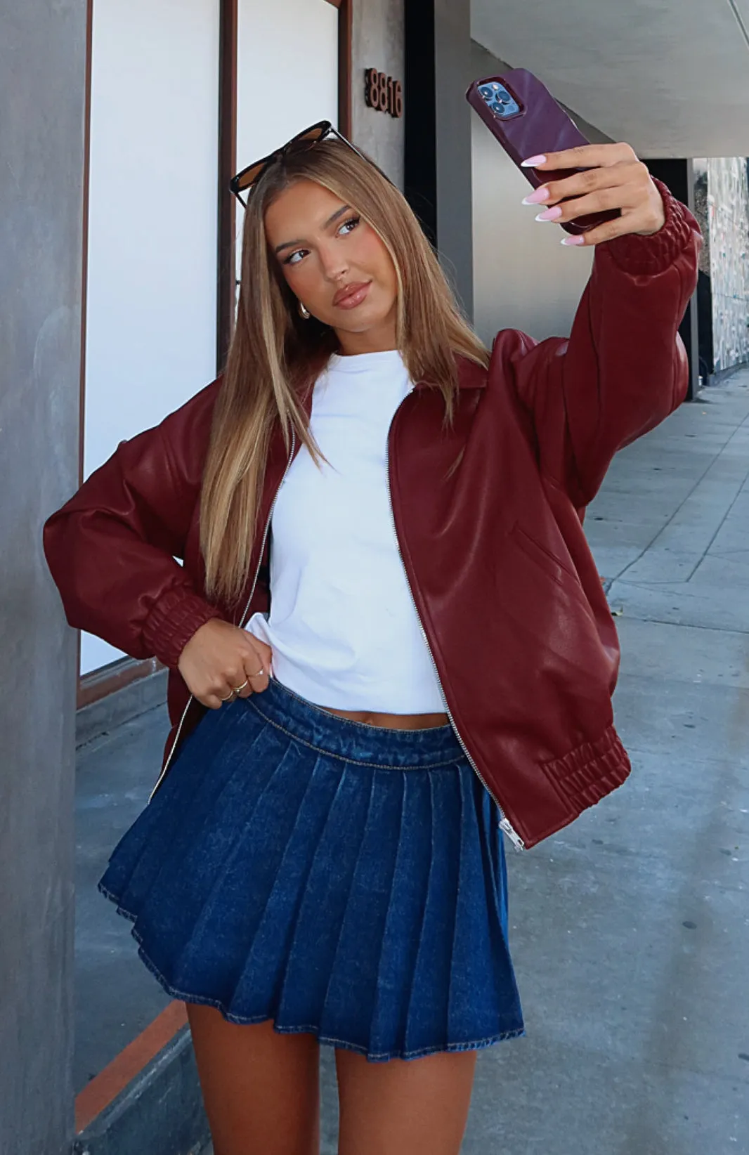 Might Cause Trouble PU Bomber Jacket Burgundy sold by White Fox Boutique