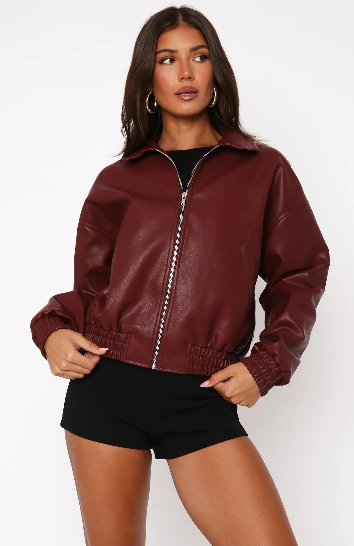 Might Cause Trouble PU Bomber Jacket Burgundy sold by White Fox Boutique product image thumbnail 2
