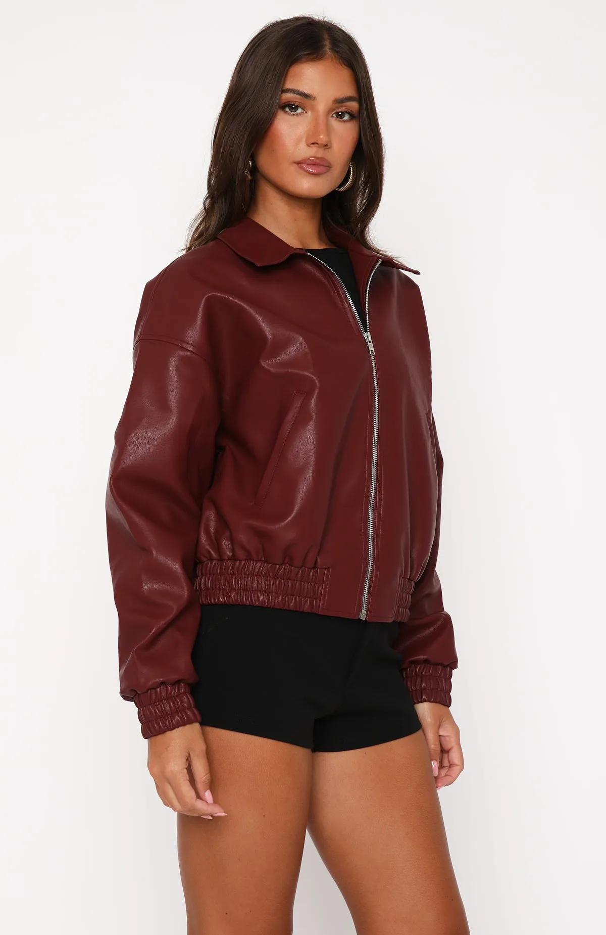 Might Cause Trouble PU Bomber Jacket Burgundy sold by White Fox Boutique product image thumbnail 3