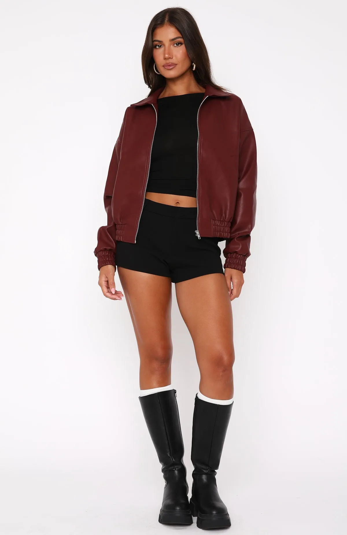 Might Cause Trouble PU Bomber Jacket Burgundy sold by White Fox Boutique product image thumbnail 5