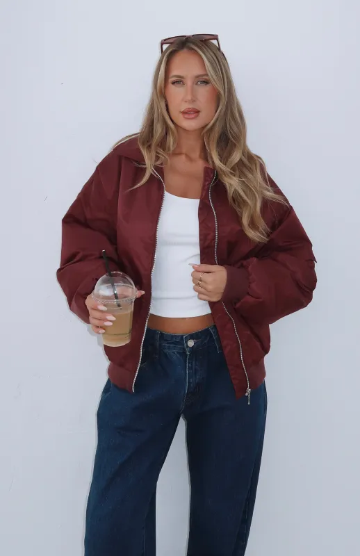 Burning For You Bomber Jacket Burgundy sold by White Fox Boutique