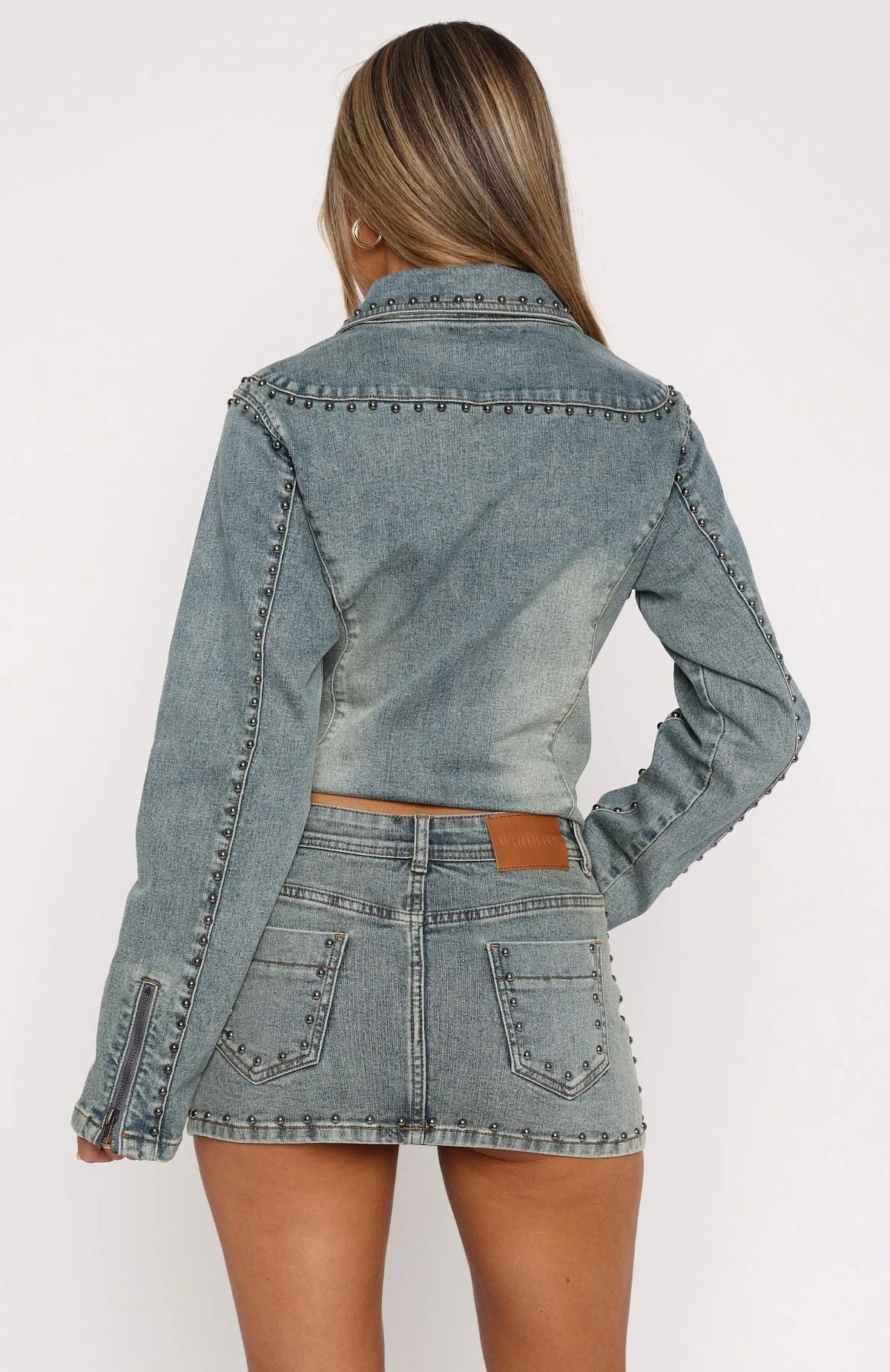 Blake Denim Studded Mini Skirt Brown Blue sold by White Fox Boutique product image thumbnail 4