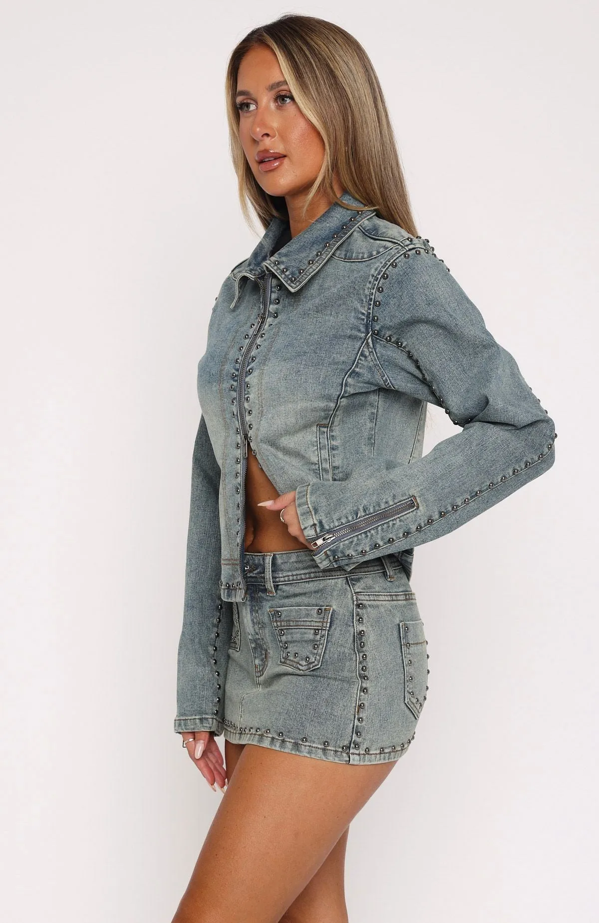 Blake Denim Studded Mini Skirt Brown Blue sold by White Fox Boutique product image thumbnail 3