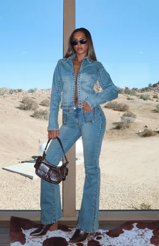 Blake Low Rise Studded Flare Jeans Brown Blue sold by White Fox Boutique