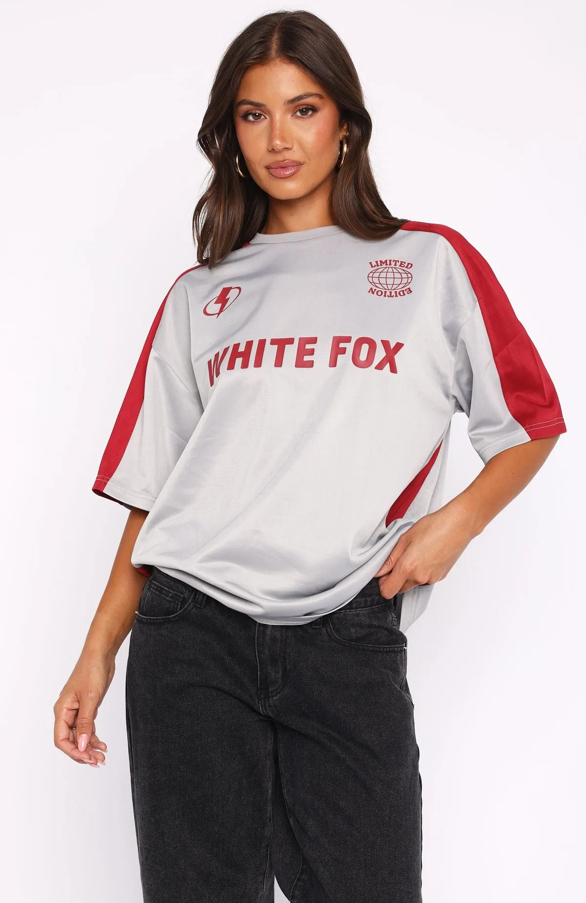 Checking Up On You Oversized Jersey Light Grey/Burgundy sold by White Fox Boutique product image thumbnail 2