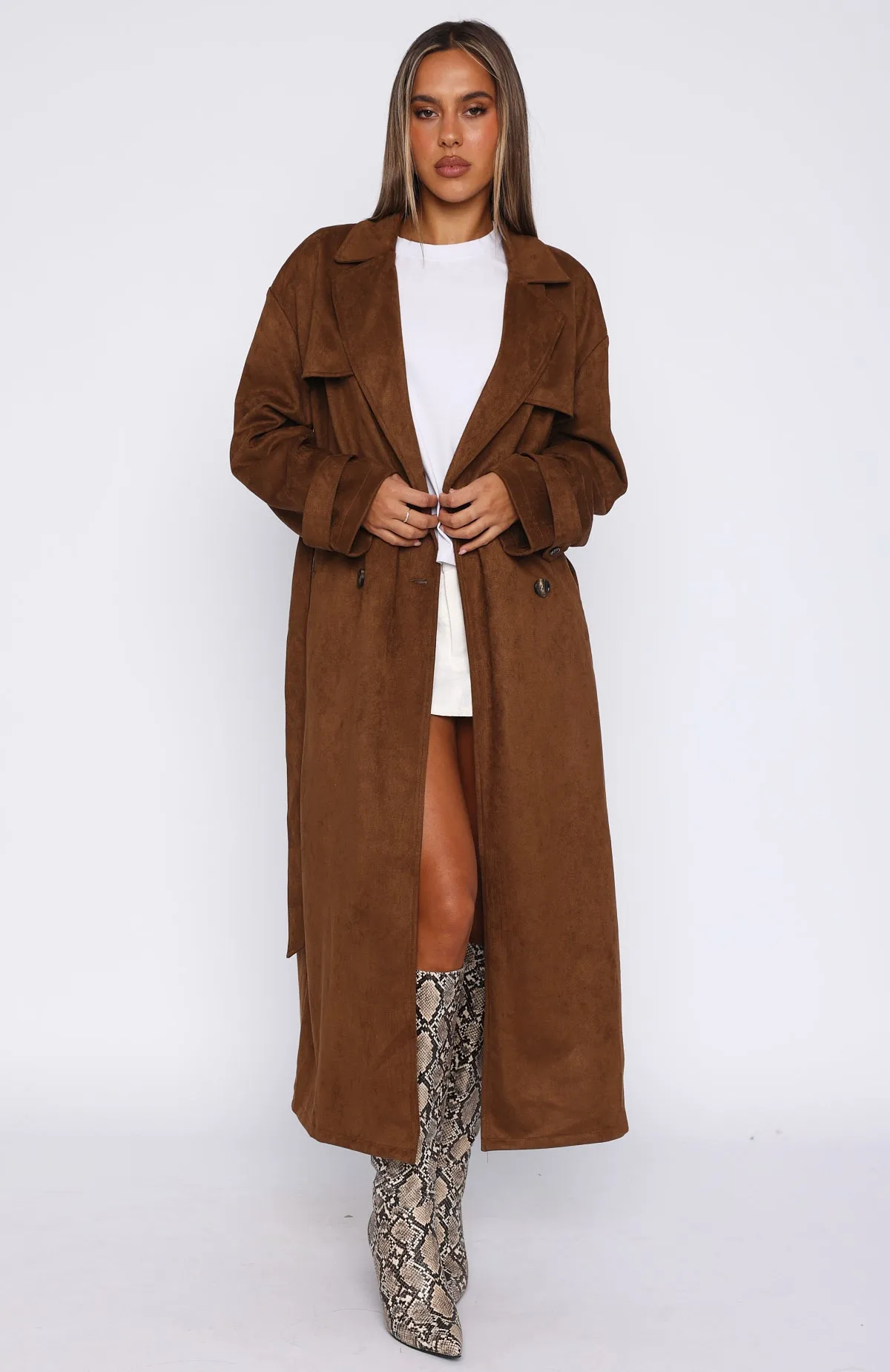 Crowned Chaos Faux Suede Trench Almond sold by White Fox Boutique product image thumbnail 2